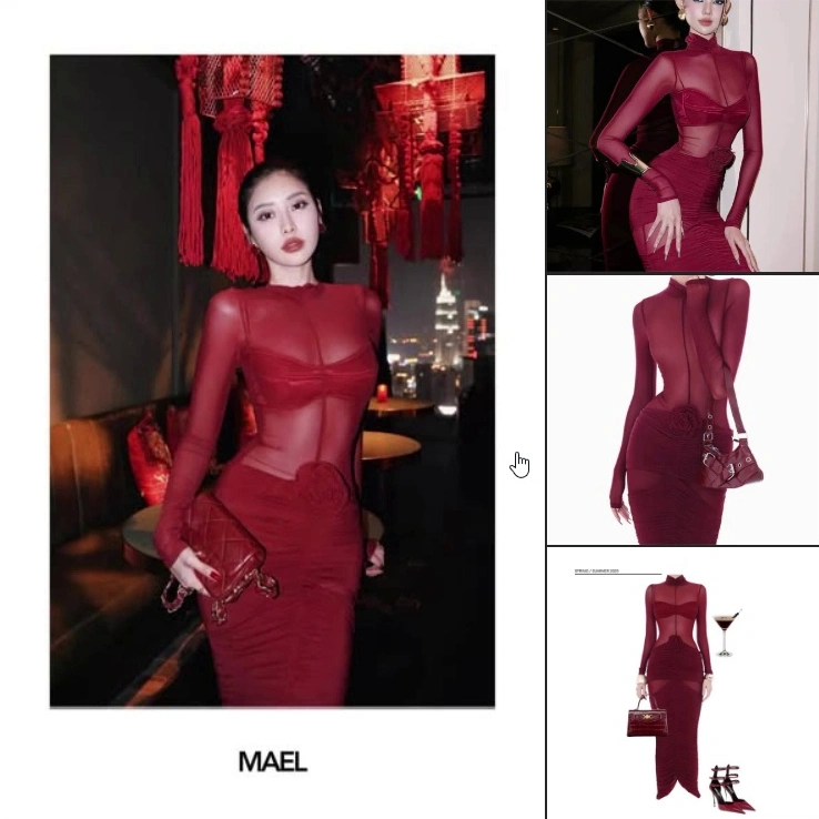 Đầm đỏ rượu cổ cao tay lưới nhún · Mael Femme